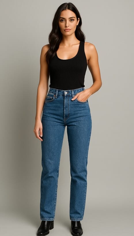 AI-generated product image of a female model in jeans for fashion eCommerce
