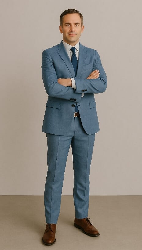 AI-generated product image of a man in a formal blue suit for webshop design