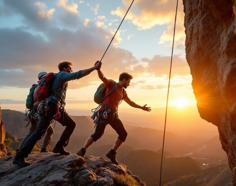 AI-generated product image of two male climbing rocks