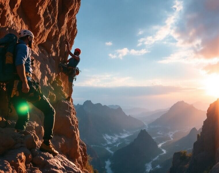 AI-generated product image of two male climbing rocks