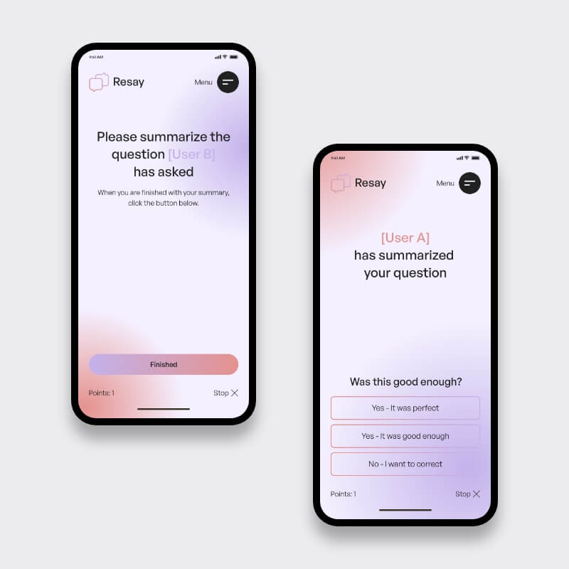Resay custom web applicatie mobiele samenvatting en bevestigingsschermen