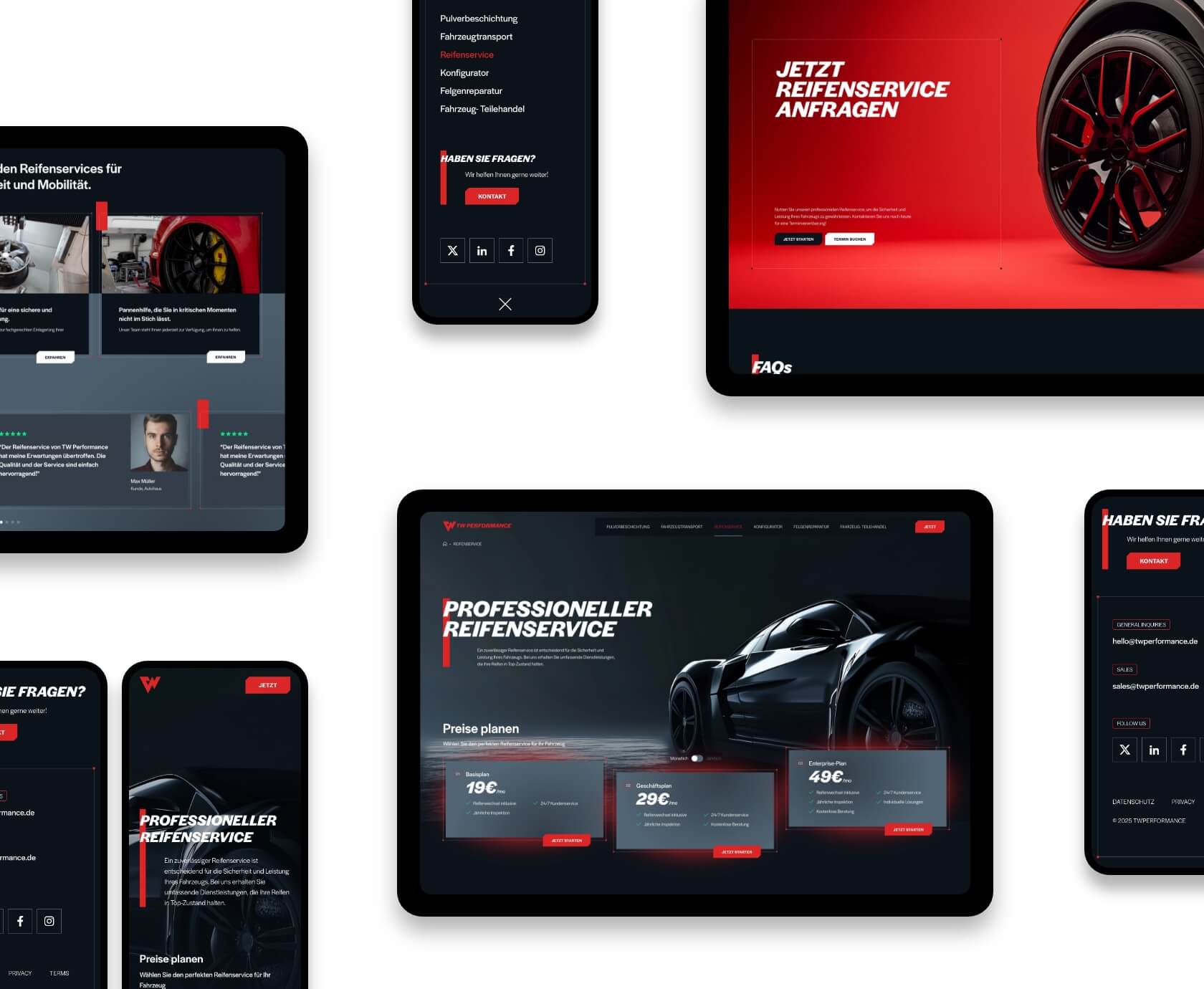 Collage webdesign autobedrijf TW Performance, reifenservice en velgen configurator op tablet en mobiel