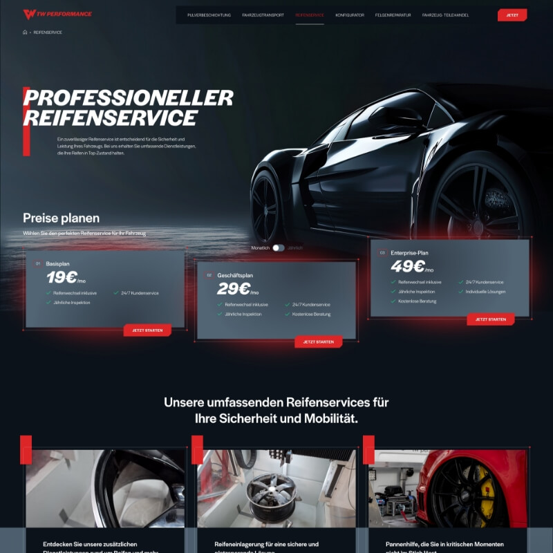 Webdesign autobedrijf TW Performance desktopweergave, reifenservice pagina met drie prijsplannen en donker thema