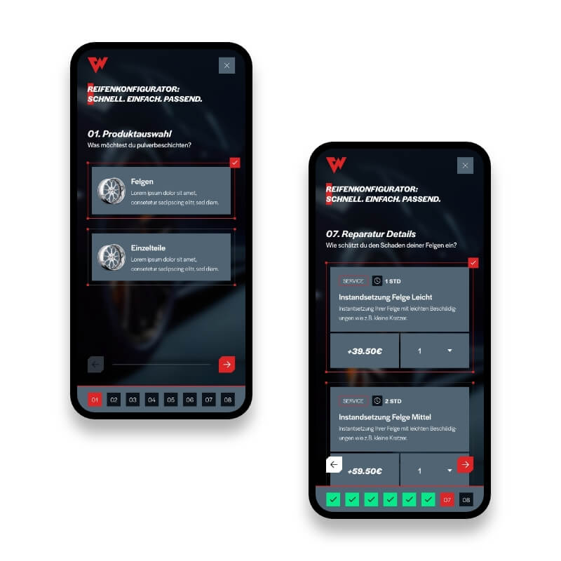Velgen configurator TW Performance mobiele weergave, productselectie stap 1 en reparatiedetails stap 7