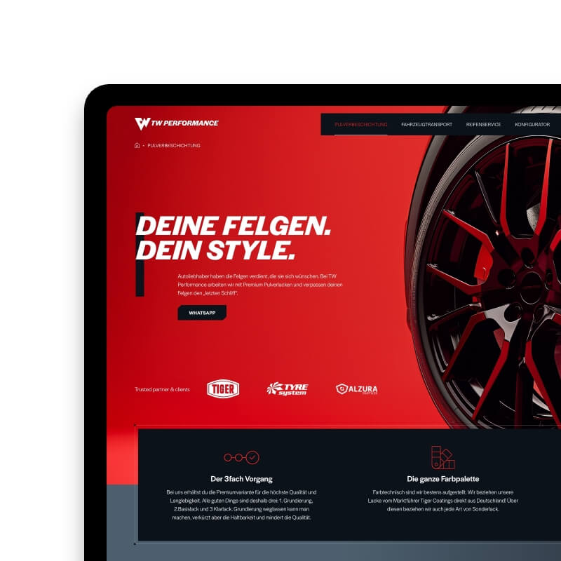 Webdesign autobedrijf TW Performance pulverbeschichtung pagina op desktop, rode velg en partnerlogo's