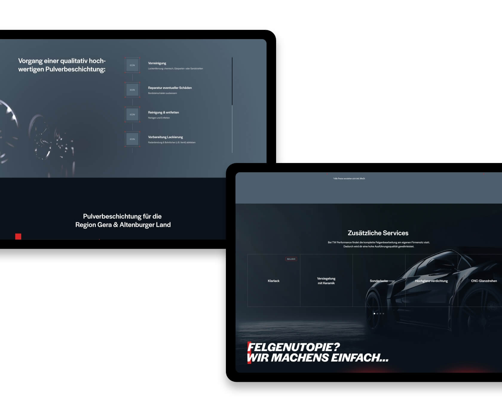 Pulverbeschichtung processtappen en aanvullende services webdesign autobedrijf TW Performance op tablet