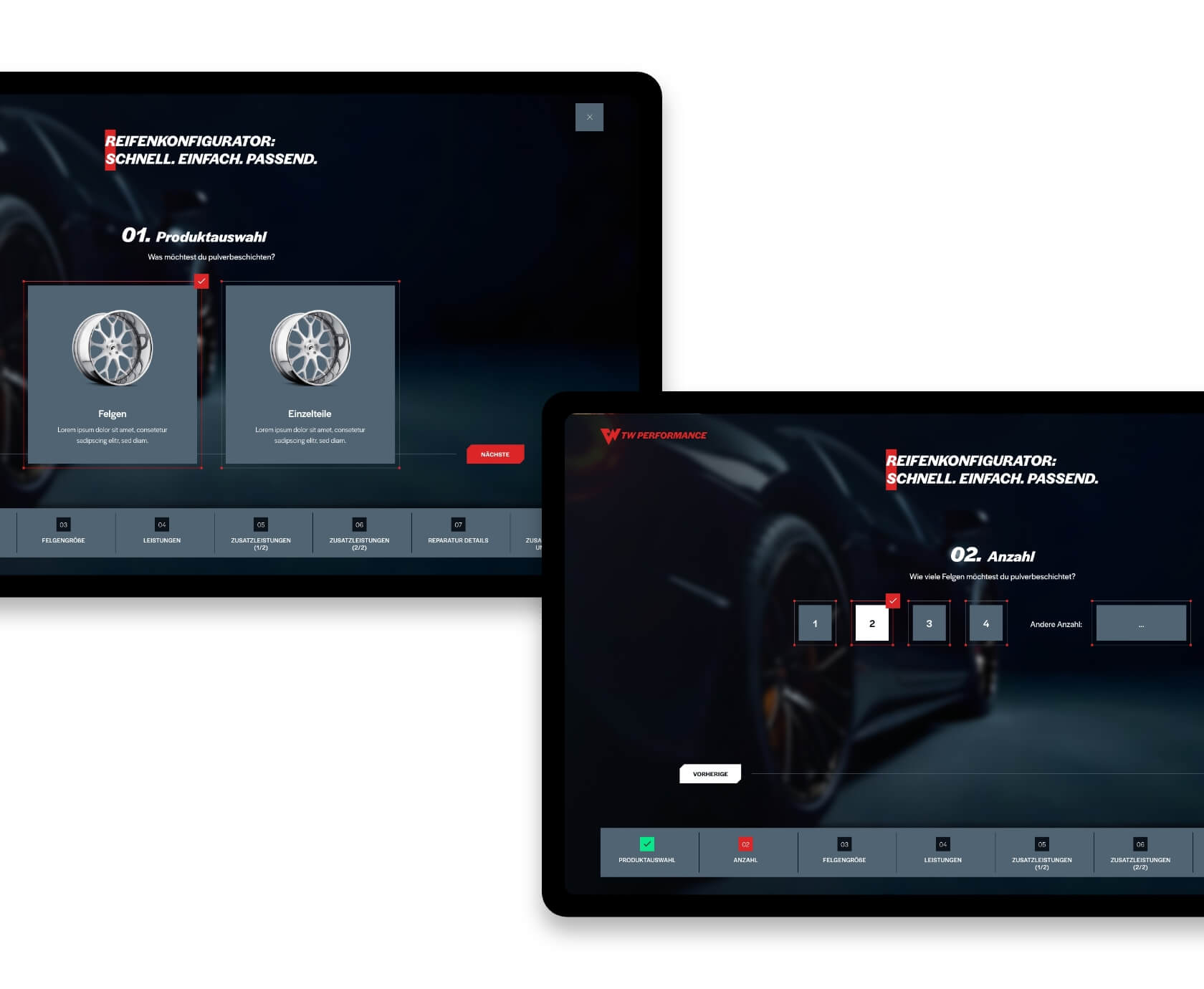 Velgen configurator TW Performance desktop en tablet, productselectie stap 1 en aantalskeuze stap 2