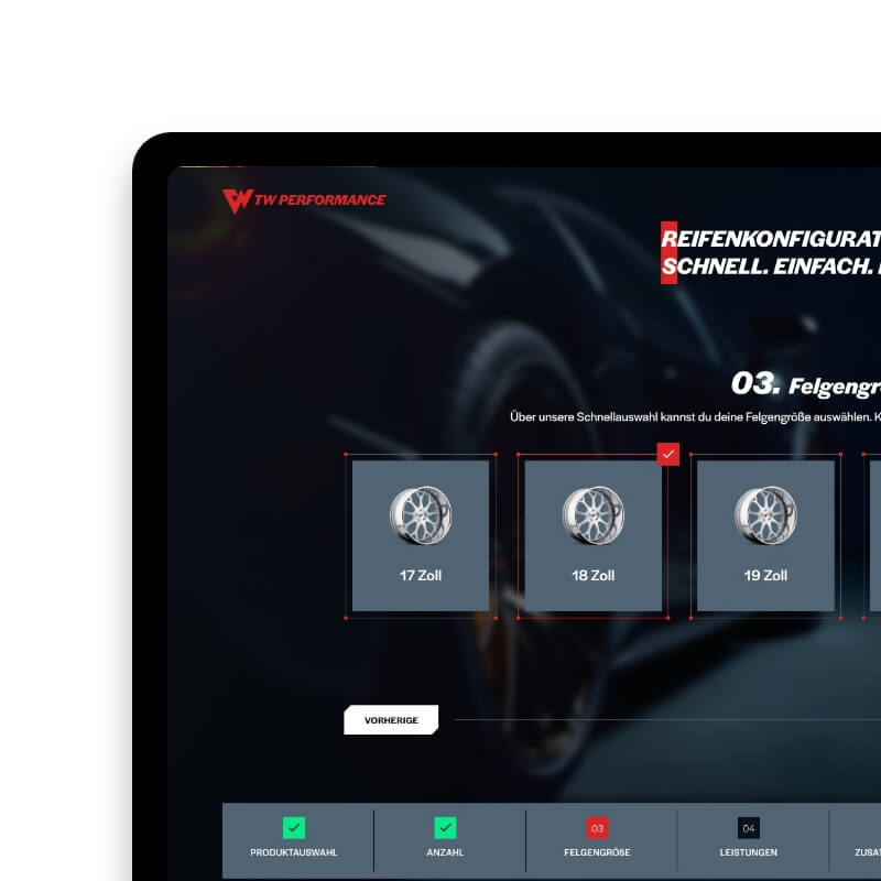 Velgen configurator stap 3 felgengrootte selectie webdesign autobedrijf TW Performance tabletweergave