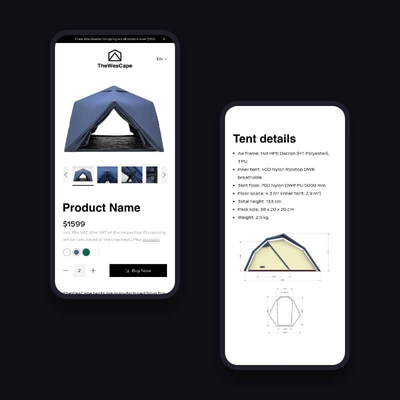 Mobile product page of TheWesCape dome tent with detailed specs