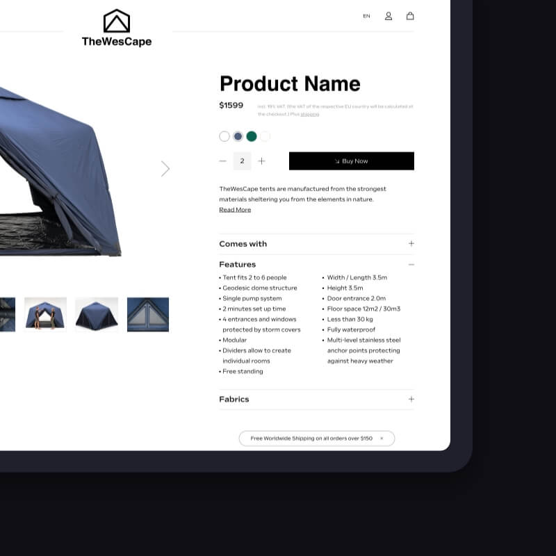 Desktop product page highlighting features and buy button for TheWesCape tent