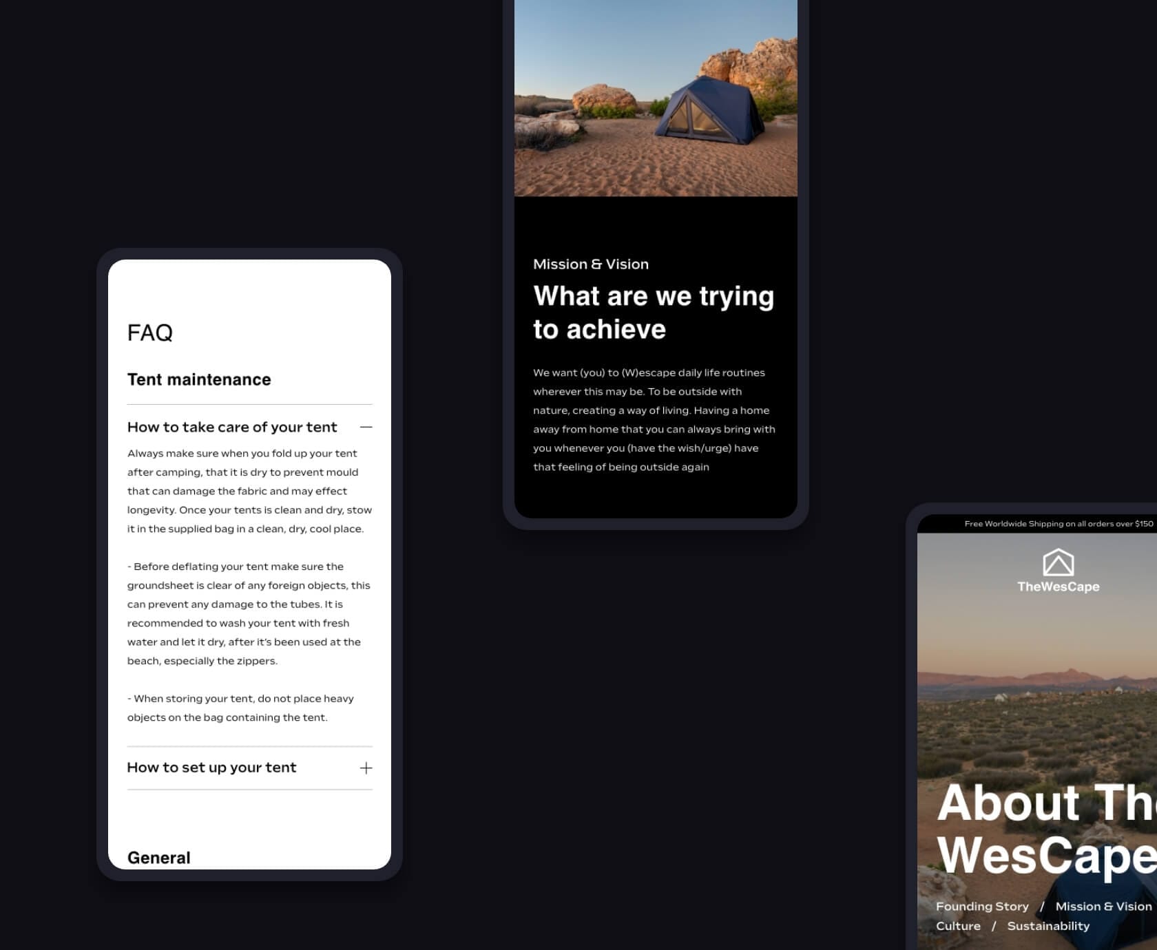 Mobile FAQ and mission-vision screens of TheWesCape website