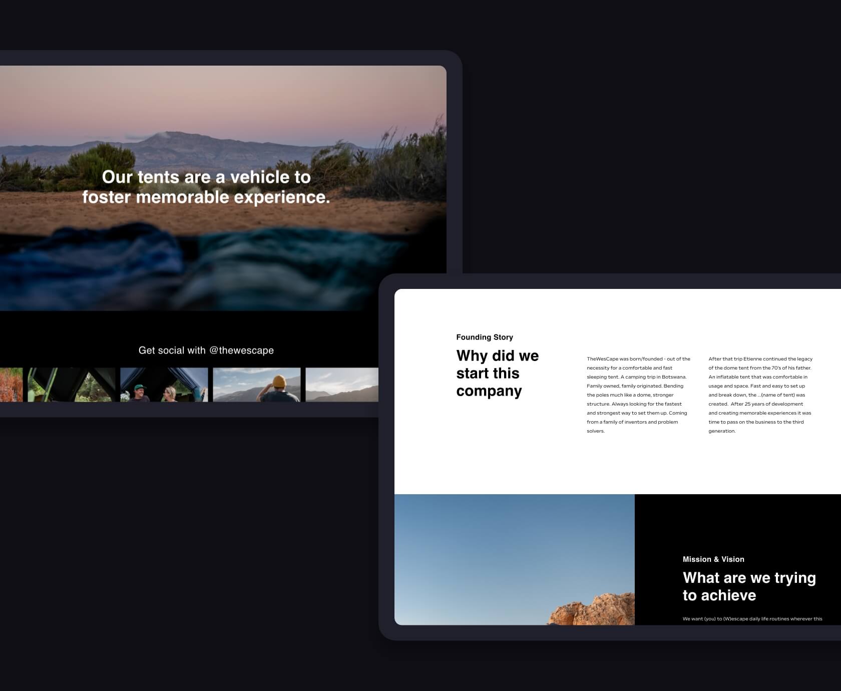Founding story section and social media gallery mock-ups