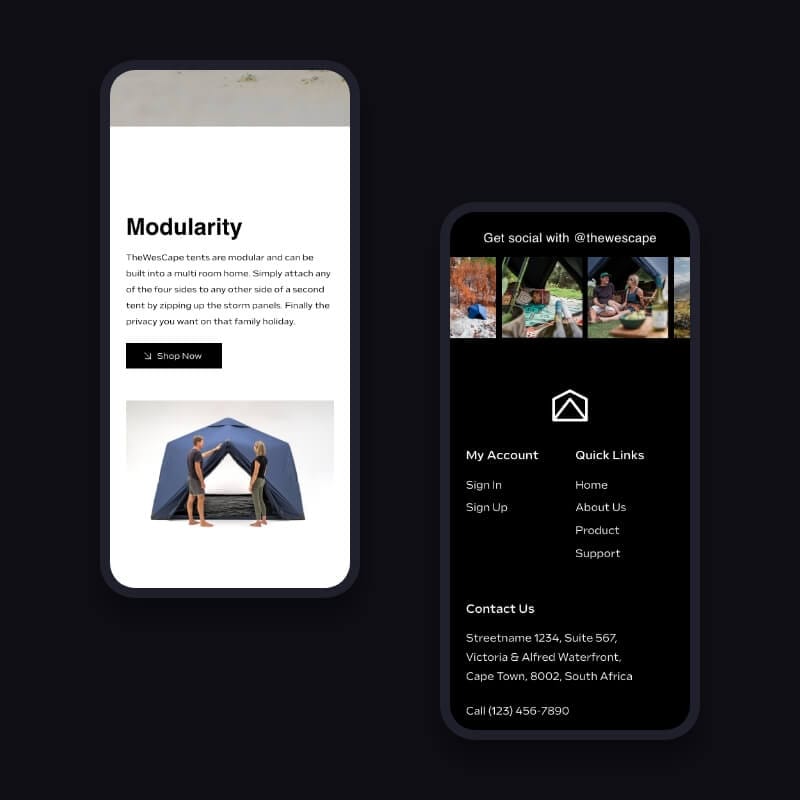 Mobile modularity feature and social footer screens