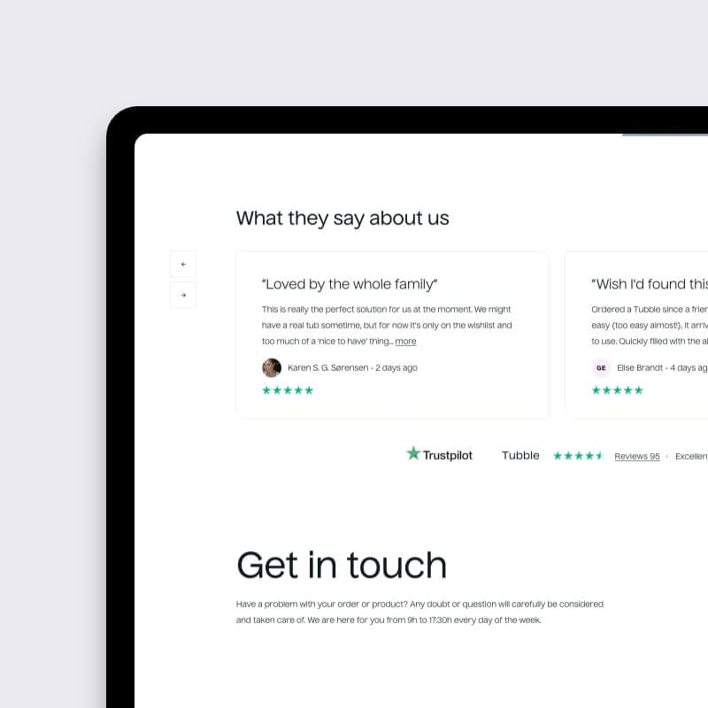 Desktop home page testimonials and CTA section layout for Tubble inflatable bathtub WooCommerce site