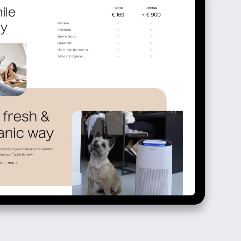 Desktop home page layout for Tubble inflatable bathtub WooCommerce site