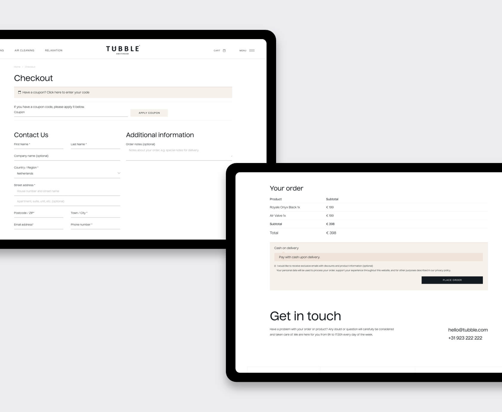 Checkout page displaying Tubble inflatable bathtub accessories on WooCommerce site