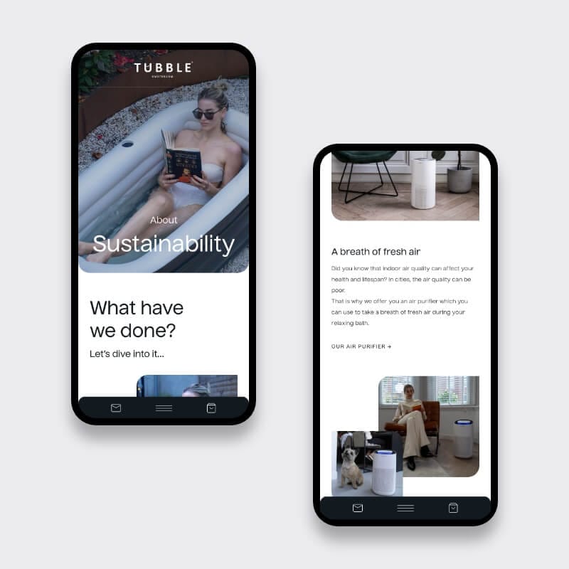 Mobile sustainability page showing Tubble AirBath on WooCommerce site