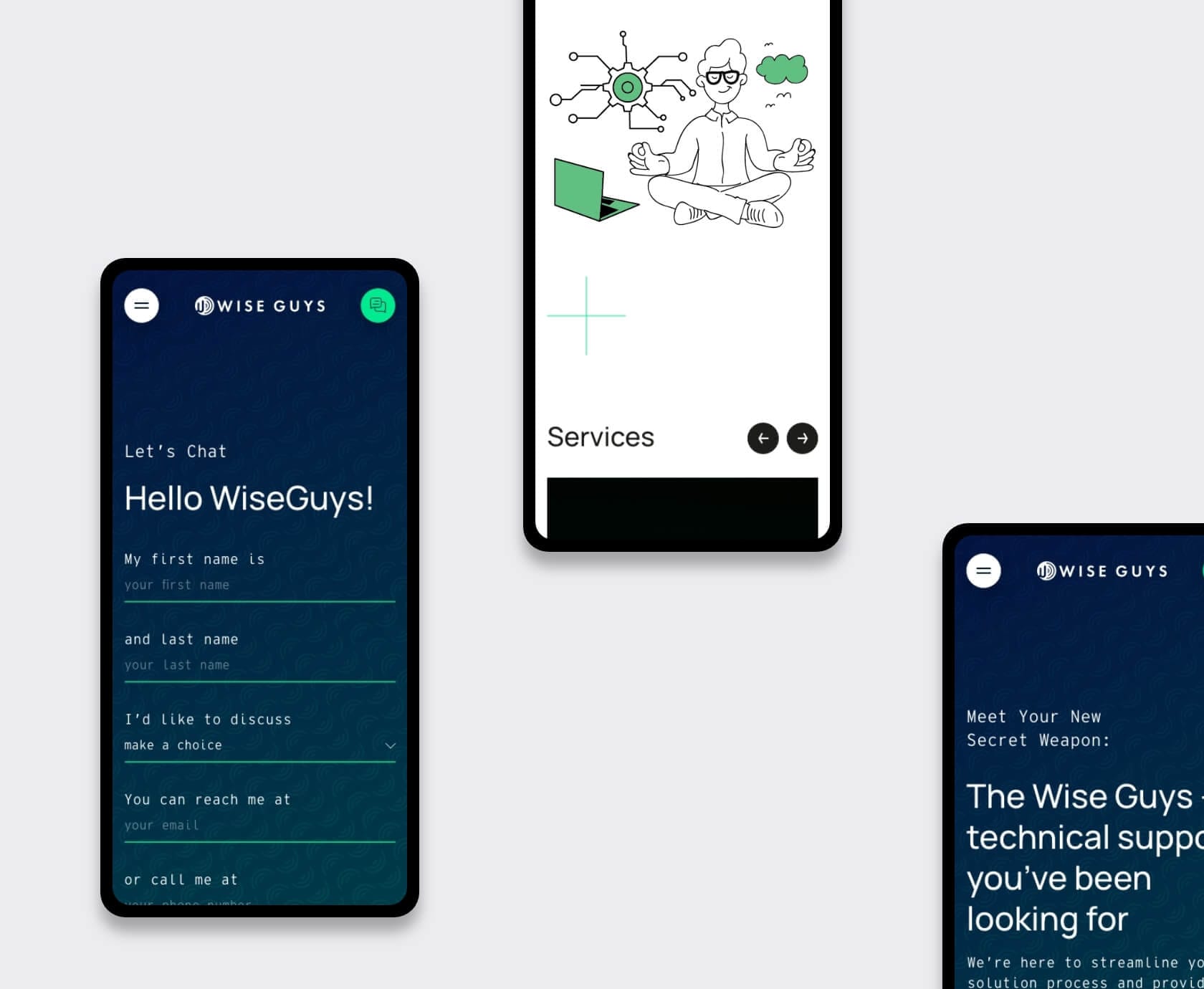 Responsive mobile view of WiseGuys custom WordPress website