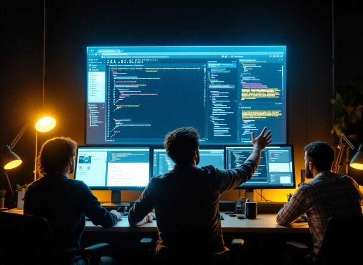 Designers and developers collaborating in a modern agency setting with a large screen showing web project files, emphasizing front-end development experts and the importance of HTML/CSS responsive design, with glowing yellow lights on a dark background.