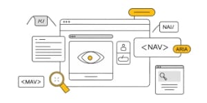 Accessible frontend code diagram—semantic HTML, ARIA roles and WCAG compliance for inclusive, SEO-ready UI.