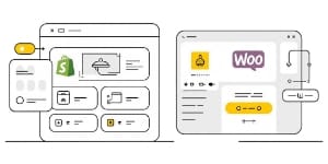 Shopify development & WooCommerce development graphic—lean, high-performance themes for conversion-focused online stores.