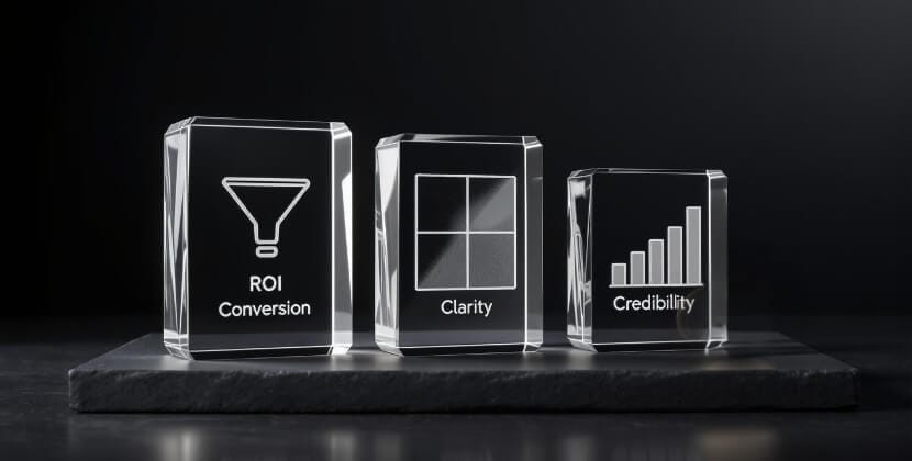Crystal blocks showing conversion, clarity and credibility goals for the Studio Ubique website relaunch