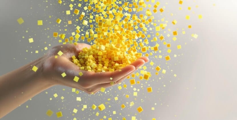Hand tossing pixel confetti celebrating the Studio Ubique website relaunch.