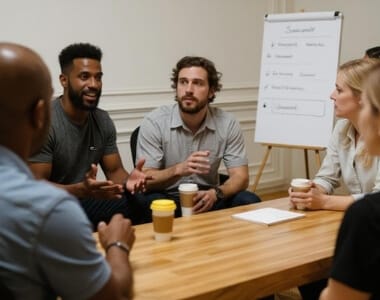 Daily stand-up during applicant tracking system sprint — custom ATS development
