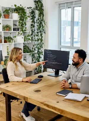Designer pointing at code review on monitor during pair-programming session with developer, plant-filled Studio Ubique workspace