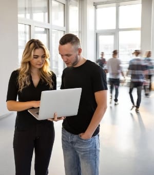 Colleagues checking website mock-ups on laptop in bright corridor, blurred team in background, Studio Ubique design agency