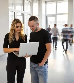 Colleagues checking website mock-ups on laptop in bright corridor, blurred team in background, Studio Ubique design agency