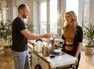 Mobile coffee cart barista serving cappuccino to UX designer in sunlit hallway, Studio Ubique team break
