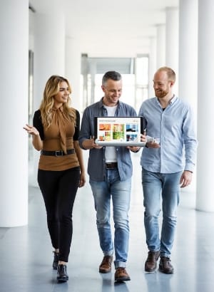 Studio Ubique team walking with client, showcasing new website on laptop while chatting in modern white corridor