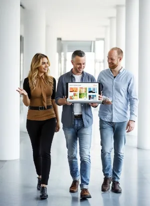 Studio Ubique team walking with client, showcasing new website on laptop while chatting in modern white corridor