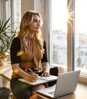 Designer jotting product ideas in notebook beside laptop on window bench at golden hour, Studio Ubique brainstorming