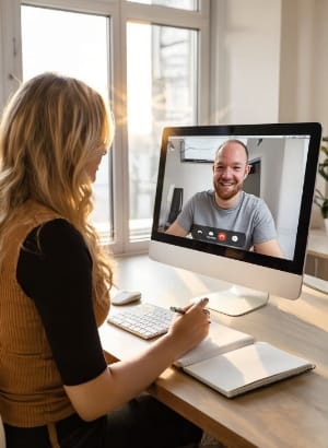 Remote UX sync: designer video-calling teammate on desktop monitor, taking notes in minimalist Studio Ubique office