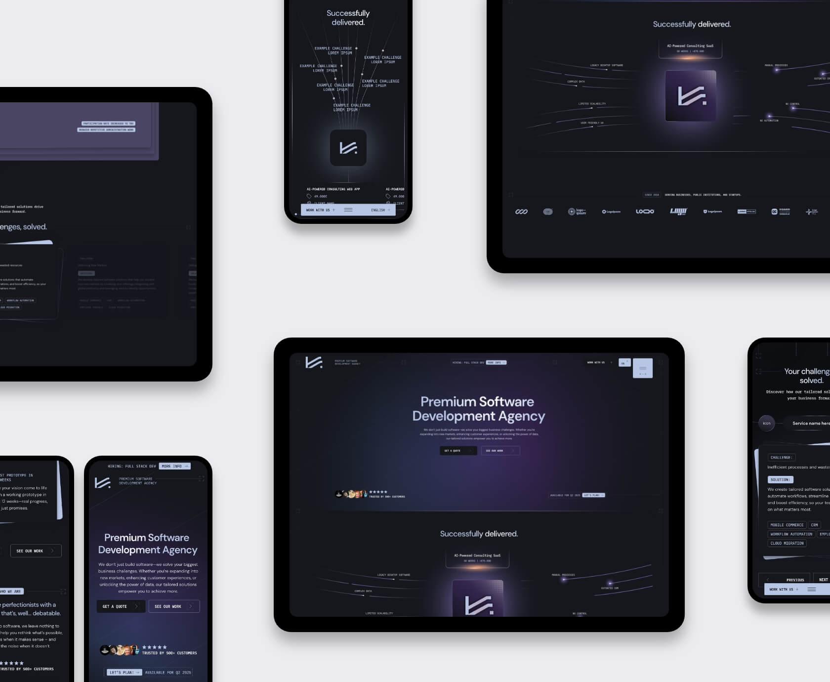 Tablet and phone mock-ups displaying Kalkyl’s dark mode UX across breakpoints
