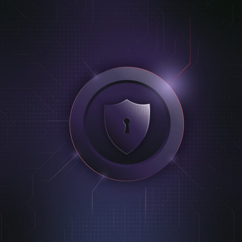 Cybersecurity shield icon rendered as a luminous custom tech illustration