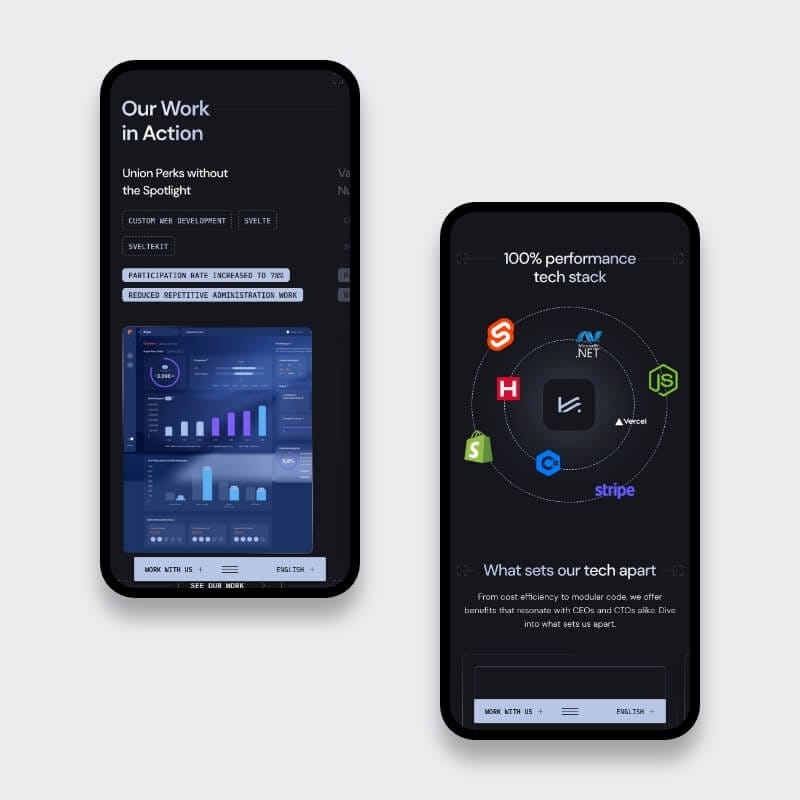 Mobile dashboard and tech-stack wheel illustrated with bespoke custom tech illustrations