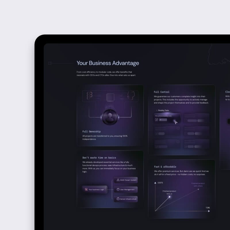 “Your business advantage” cards rendered in a sleek, modular dark mode UX aesthetic