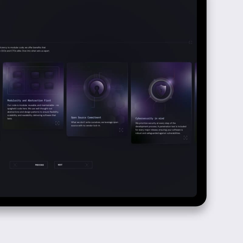 Cybersecurity and open-source benefit cards showcasing neon-edge custom tech illustrations