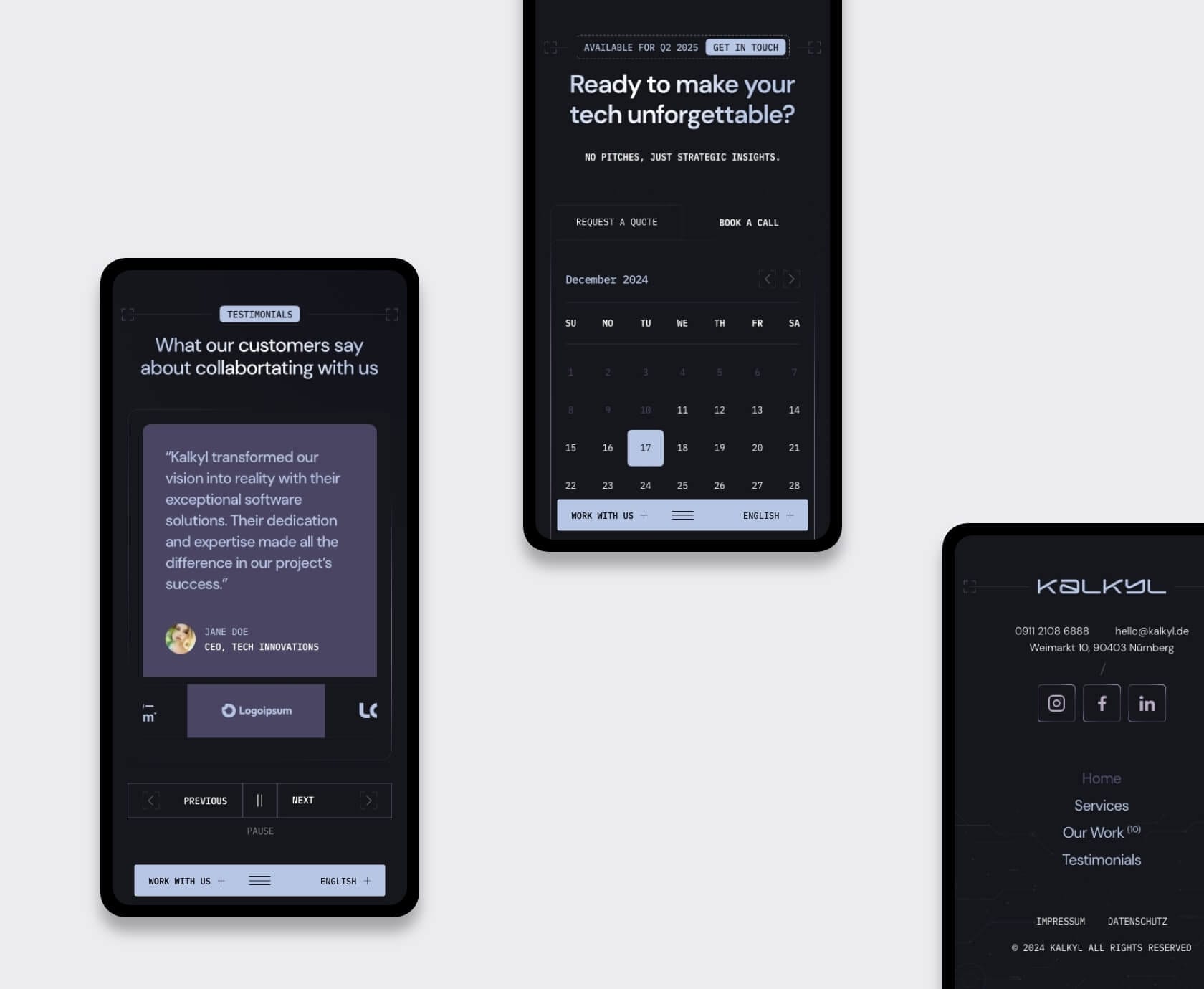 Testimonial slider and booking calendar built for a smooth Adobe XD hand-off to developers