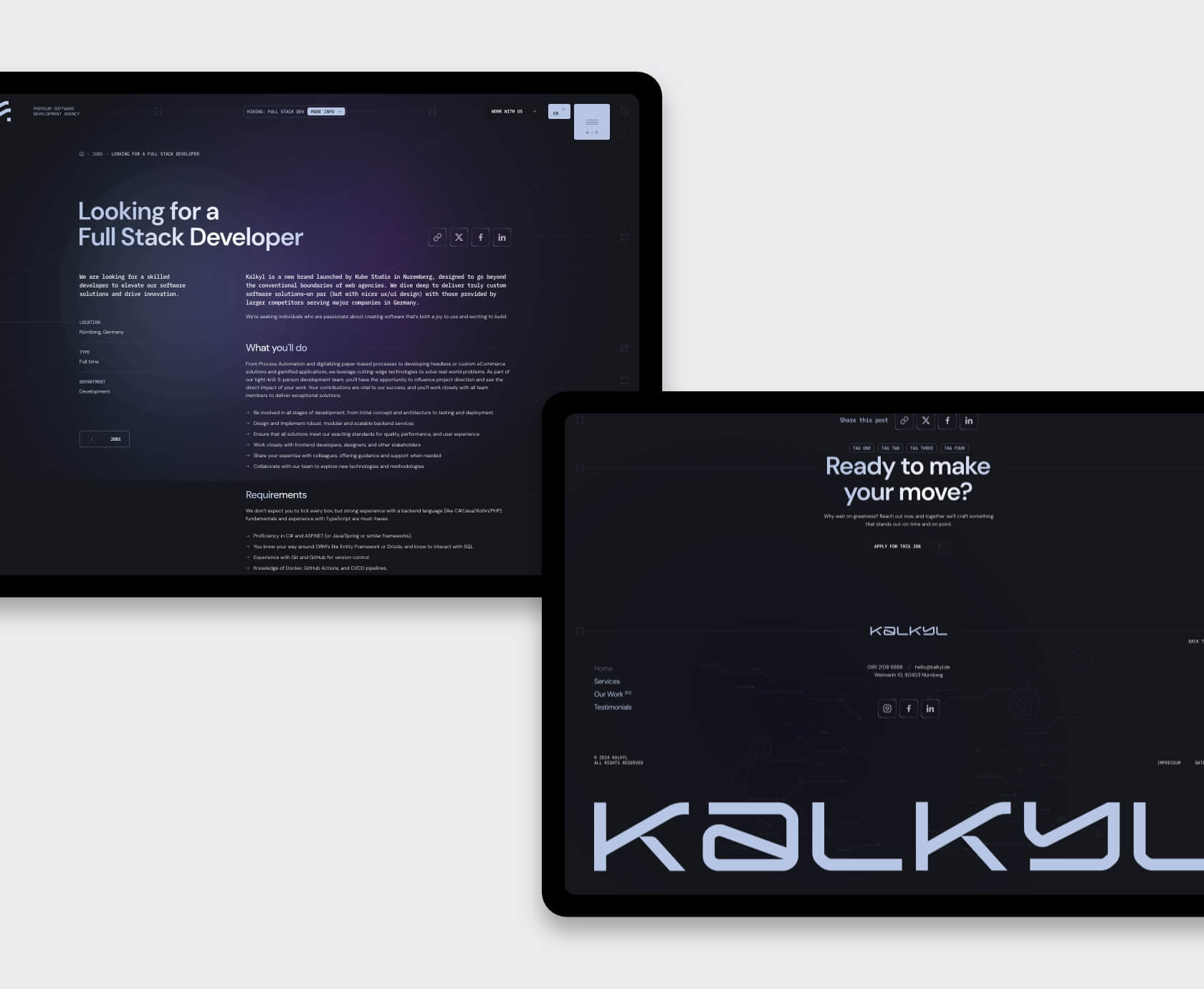 Full-stack developer job page and CTA panel highlighting Kalkyl’s evolving development brand identity