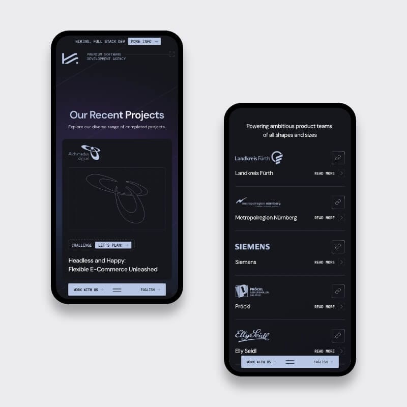 Recent projects list in slim mobile frames, emphasising reusable components of the dark mode UX