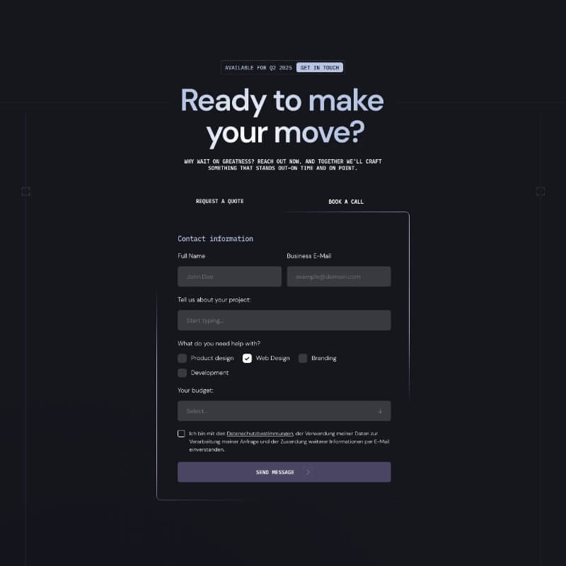 Conversion-focused contact form styled to match the site’s software agency branding and web design tone