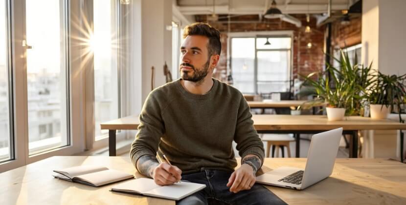 Entrepreneur weighing web design cost versus investment while planning future web design ROI and mobile app development investment.