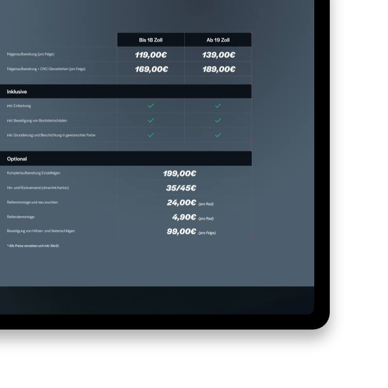 Service pricing comparison table on the revamped wheel-service site