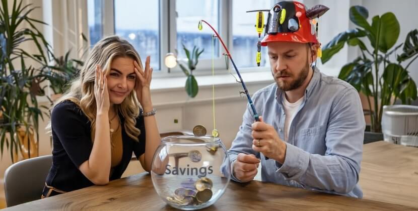 Humorous scene of teammate fishing for a discount while another reacts, illustrating why we don’t haggle on pricing