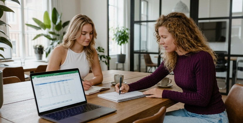 Twee collega's bespreken website investering en ROI bij laptop met spreadsheet op scherm