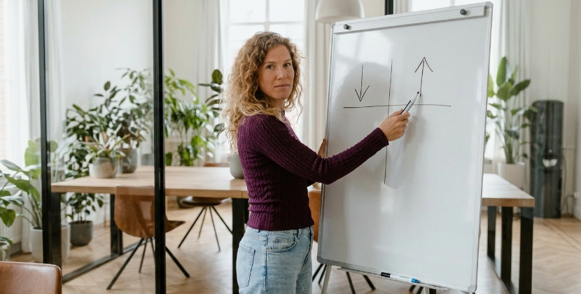 Collega wijst op whiteboard naar opwaartse pijl bij vergelijking kosten versus rendement website investering